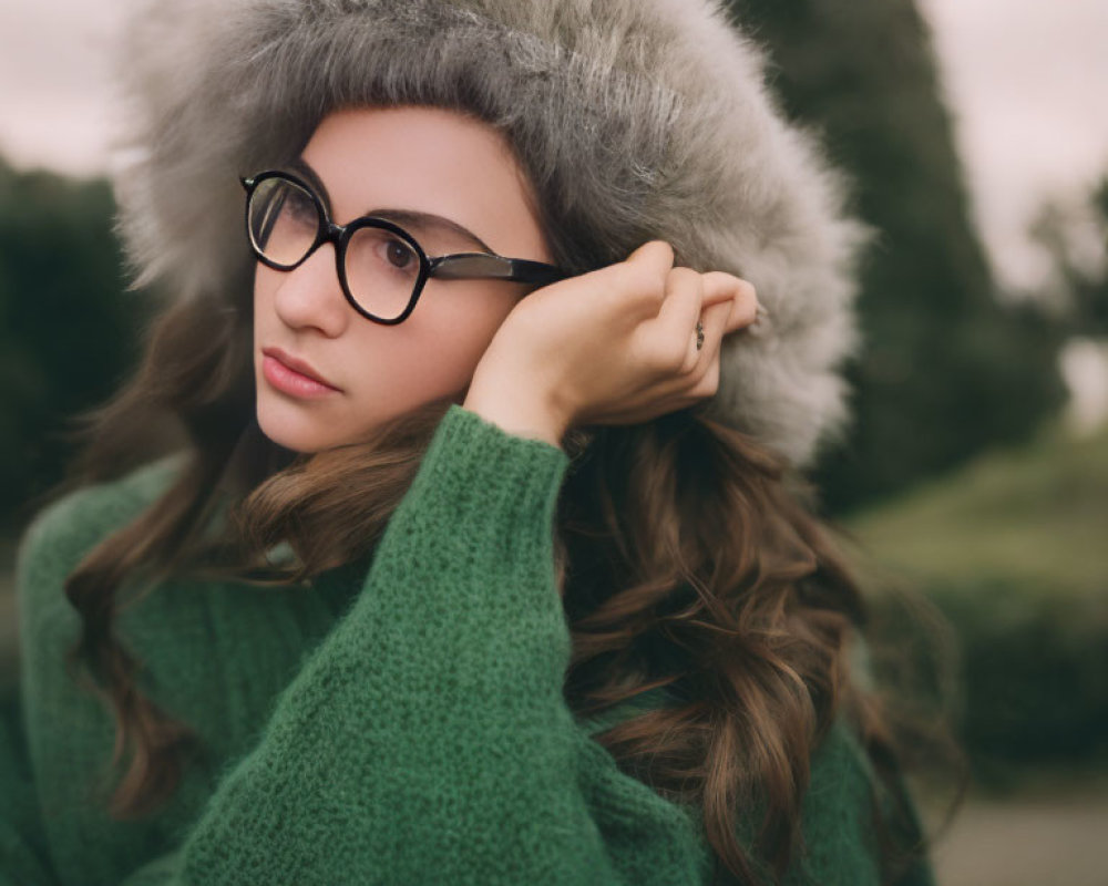 Woman in fur hat and glasses with hand in hair, wearing green sweater outdoors