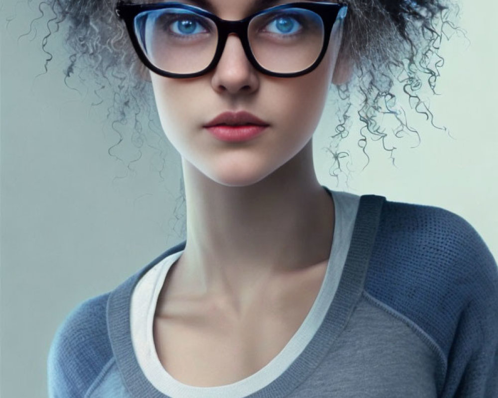 Curly-Haired Woman in Blue Glasses and Grey Top