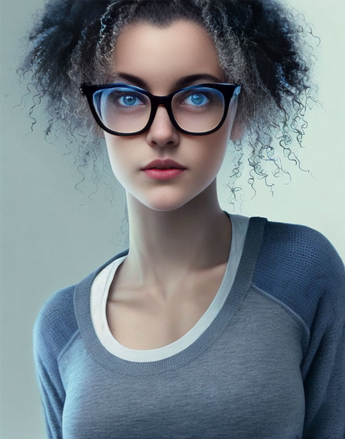 Curly-Haired Woman in Blue Glasses and Grey Top