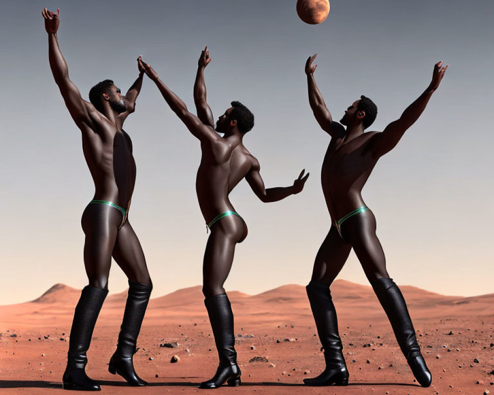 Three figures in dark bodysuits and boots on Martian landscape with lunar eclipse.