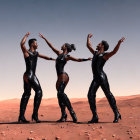Three figures in dark bodysuits and boots on Martian landscape with lunar eclipse.