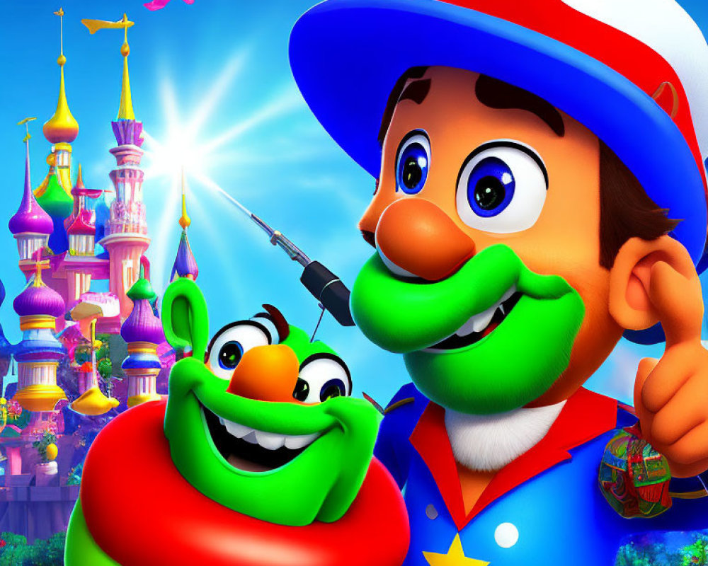 Colorful Outfit Cartoon Character with Caterpillar in Fantasy Castle Scene