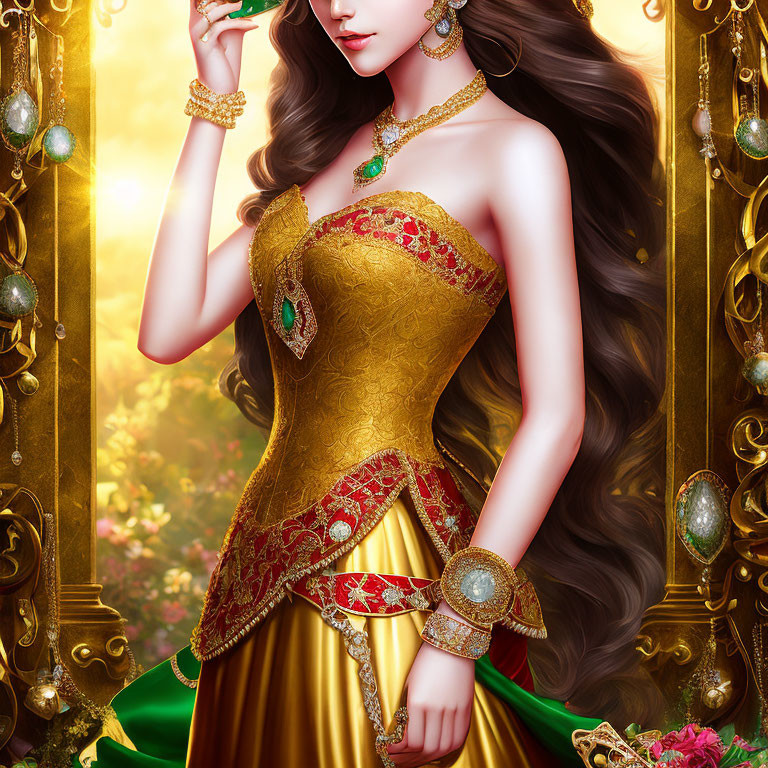 Animated woman in golden traditional dress with elegant jewelry against ornate backdrop