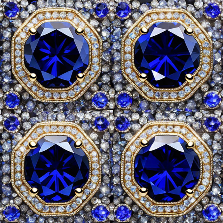 Symmetrical Blue Gemstone Pattern on Gold Setting with Pearls