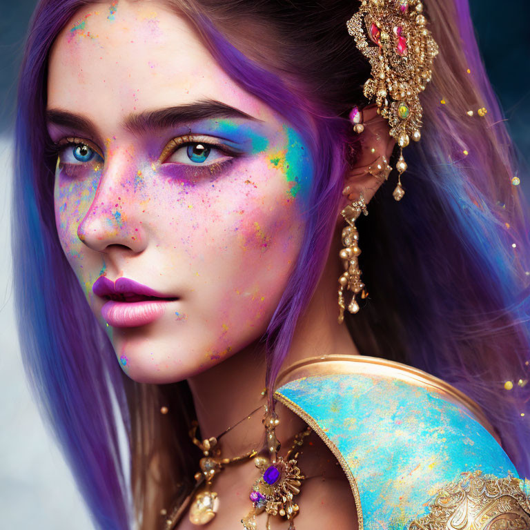 Woman with vibrant makeup, blue eyes, purple hair, gold headpiece, and earrings.