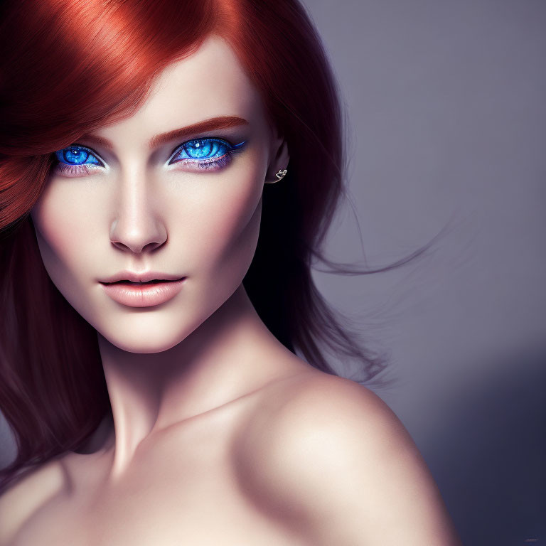 Vibrant red-haired woman with blue eyes in digital portrait