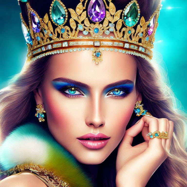 Woman with Striking Makeup and Jeweled Crown Framed with Fur