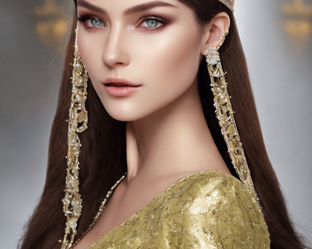 Woman with Striking Blue Eyes in Golden Crown and Dress
