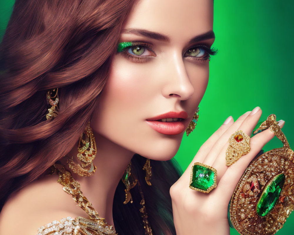 Woman with Striking Green Eyes in Golden Jewelry and Sequined Outfit on Green Background