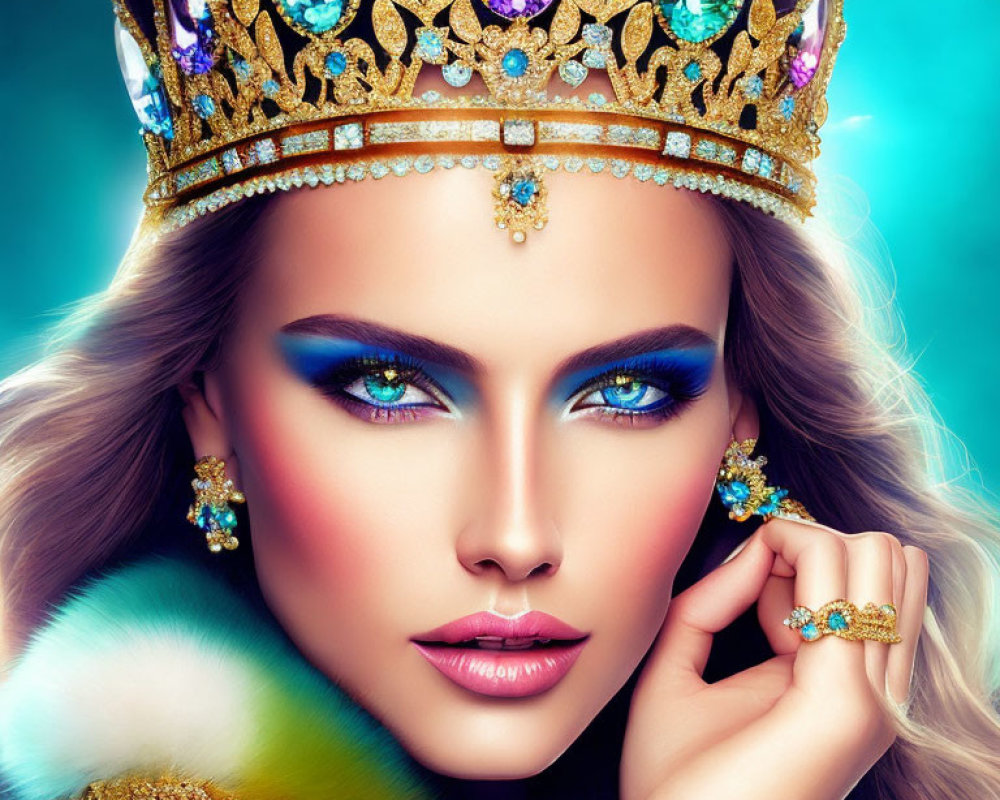 Woman with Striking Makeup and Jeweled Crown Framed with Fur
