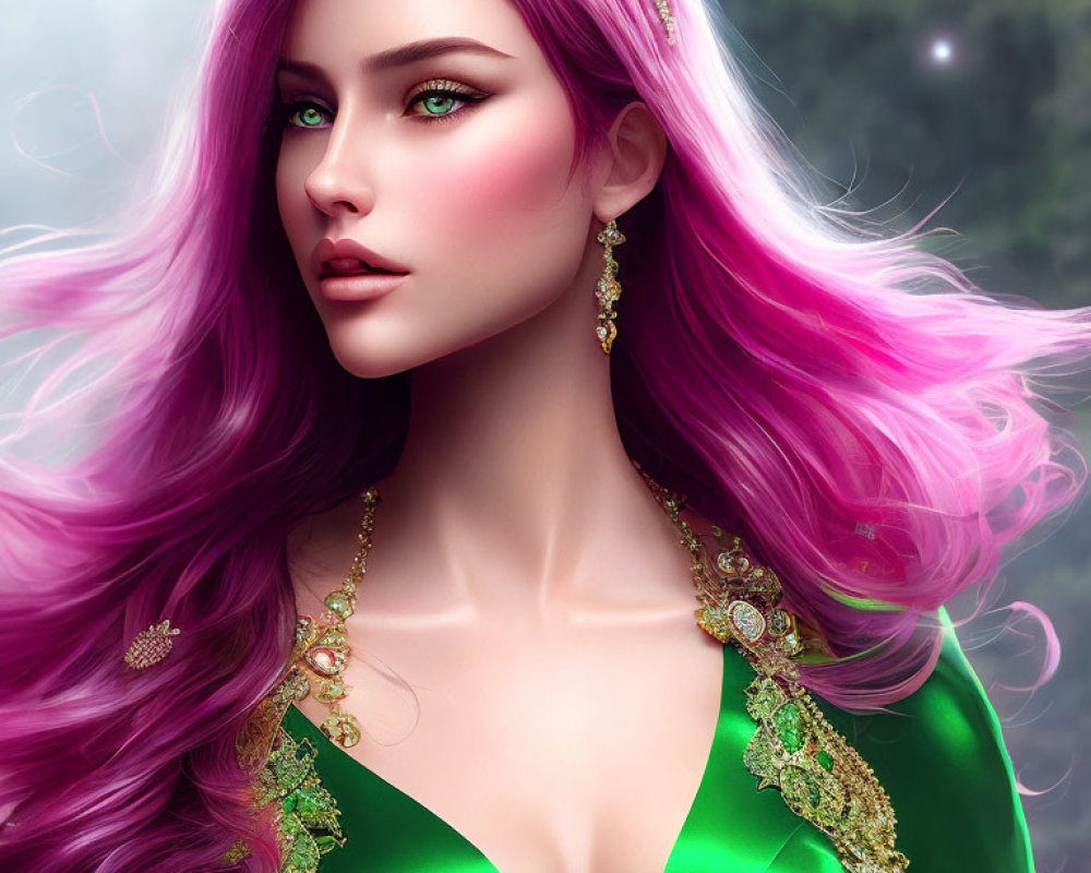 Vibrant Pink Hair Woman in Green Dress and Tiara