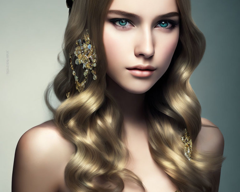 Portrait of Woman with Blue Eyes, Wavy Blonde Hair & Gold Jewelry