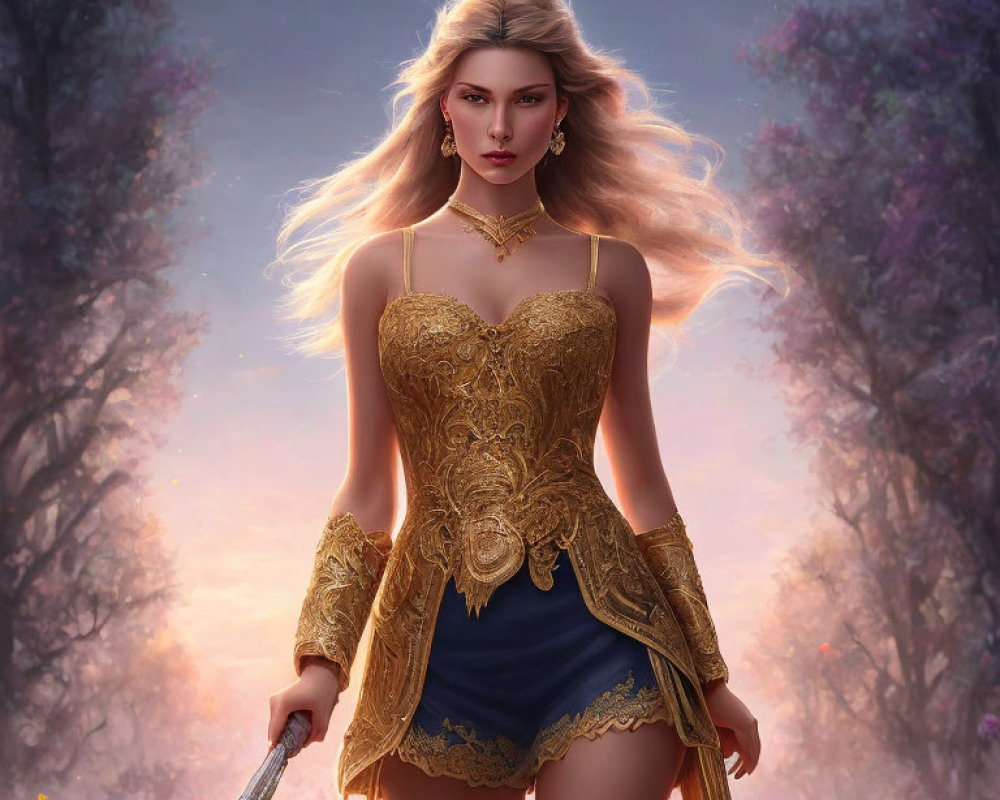 Fantasy warrior woman digital artwork with blonde hair, gold corset, and sword against mystical purple backdrop