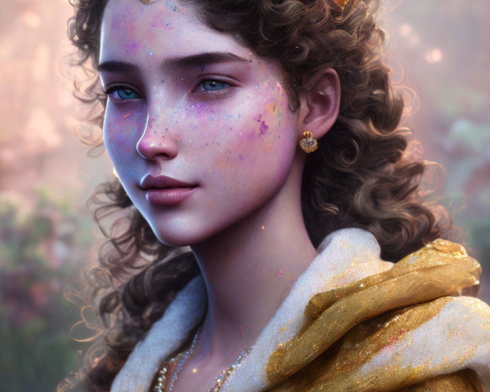 Close-Up 3D-Rendered Female with Freckled Skin and Golden Accessories