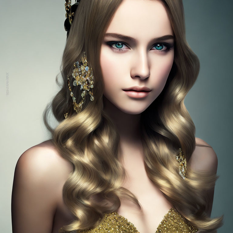 Portrait of Woman with Blue Eyes, Wavy Blonde Hair & Gold Jewelry