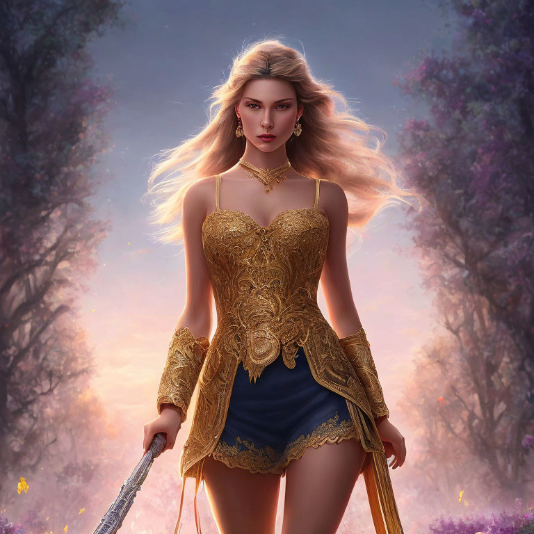 Fantasy warrior woman digital artwork with blonde hair, gold corset, and sword against mystical purple backdrop