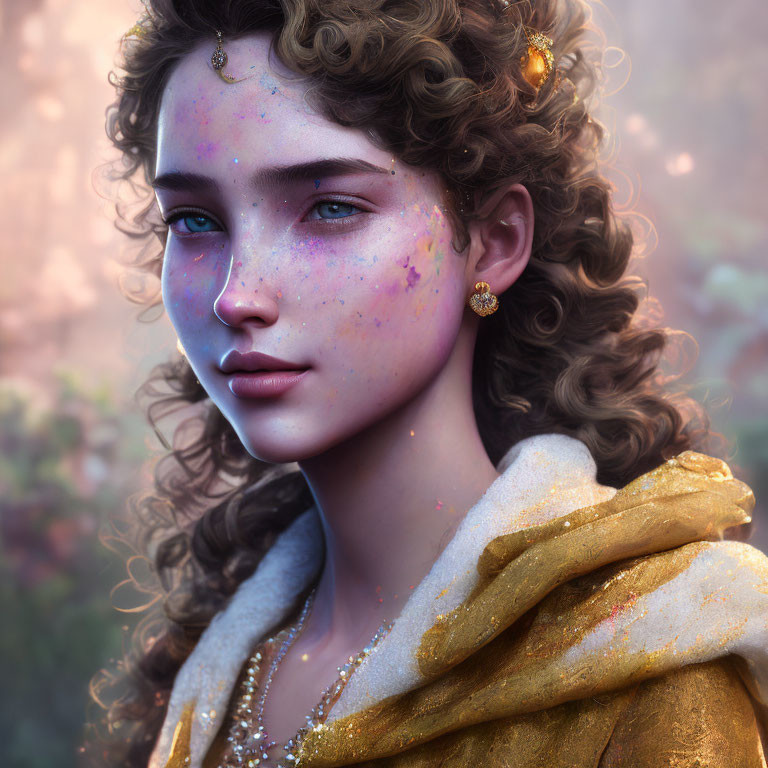 Close-Up 3D-Rendered Female with Freckled Skin and Golden Accessories