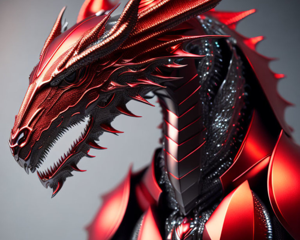 Metallic Red and Black Dragon with Intricate Scales and Horns