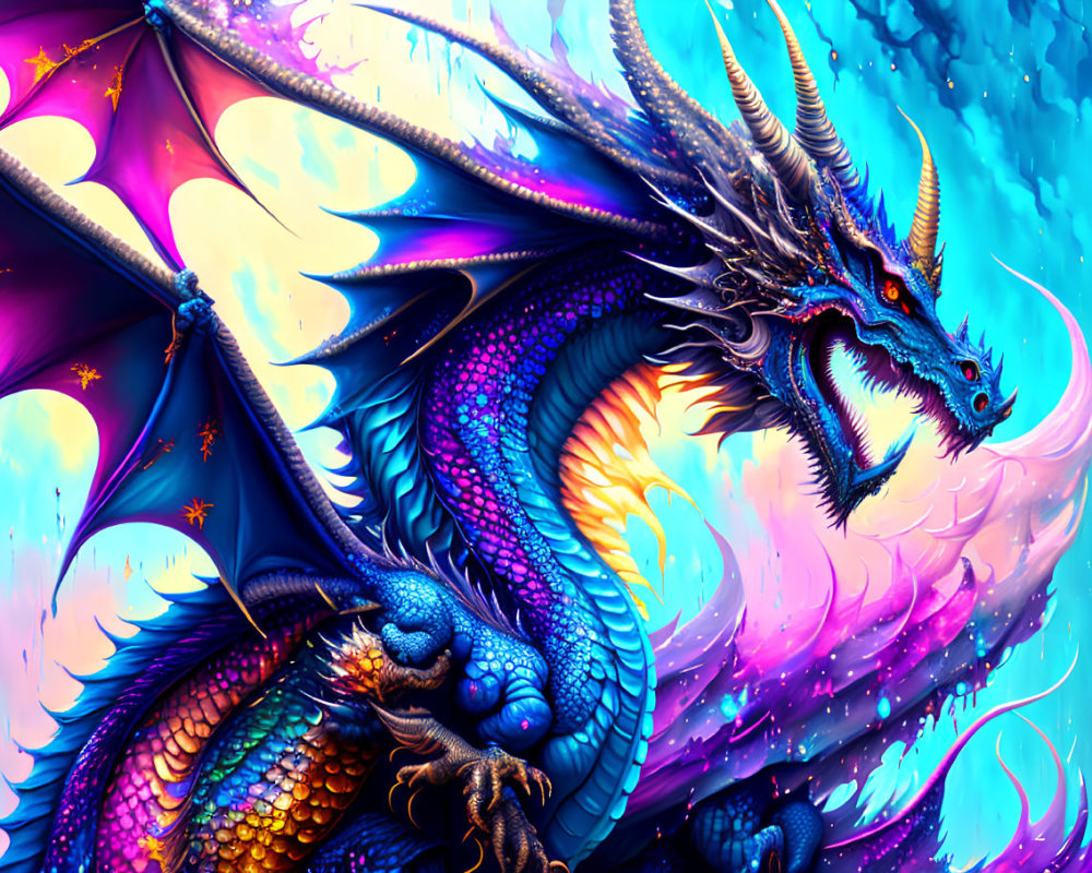 Colorful Dragon Illustration with Detailed Scales and Expansive Wings