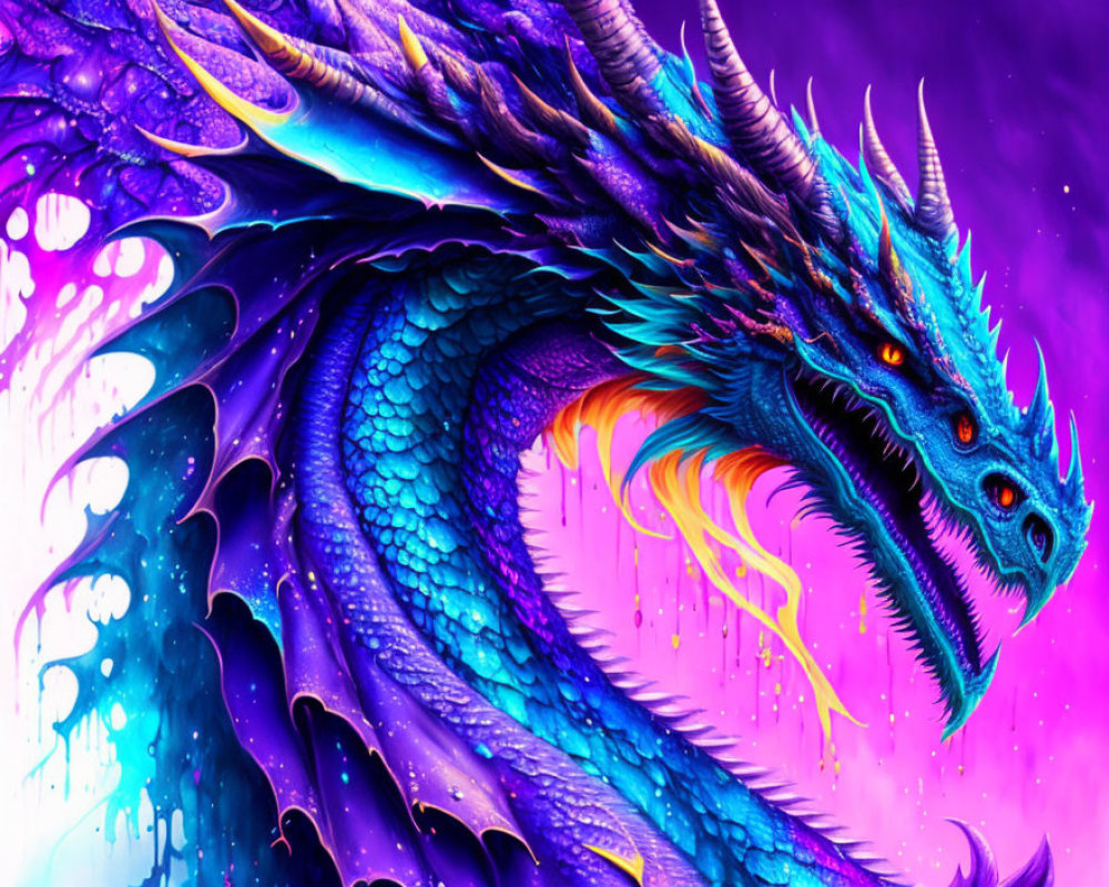 Detailed blue and purple dragon artwork with fiery orange accents