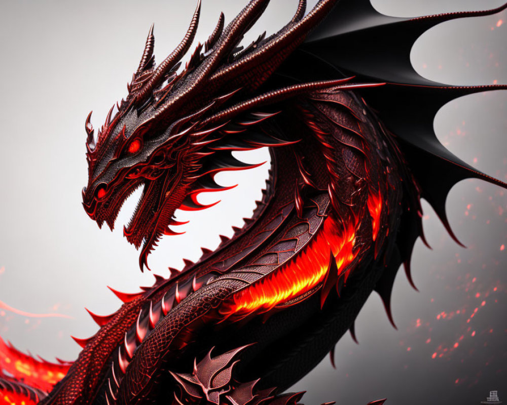 Detailed Illustration of Fierce Red and Black Dragon with Glowing Eyes surrounded by Embers on Gray