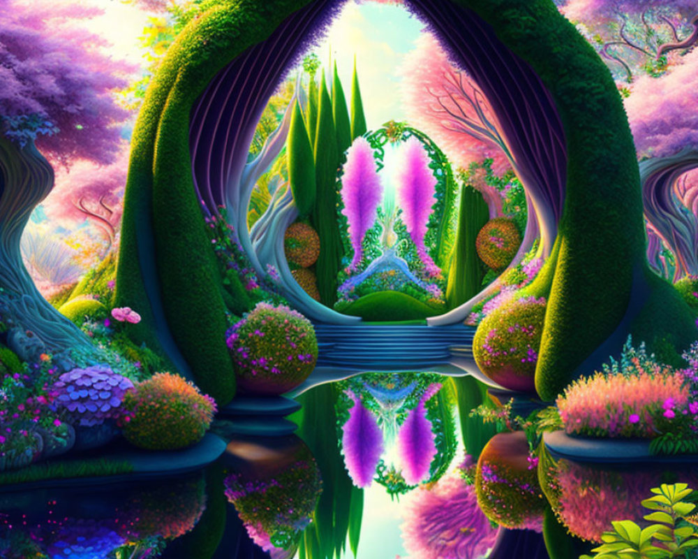 Fantasy landscape with mirror-like water and colorful flora