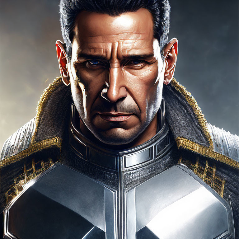 Dark-haired man in futuristic armored suit with high collar and shoulder detail