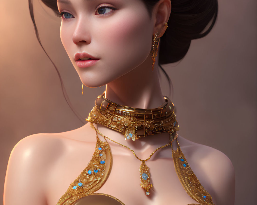 Digital Artwork: Woman with Blue Eyes, Gold Jewelry, and Elaborate Hairstyle
