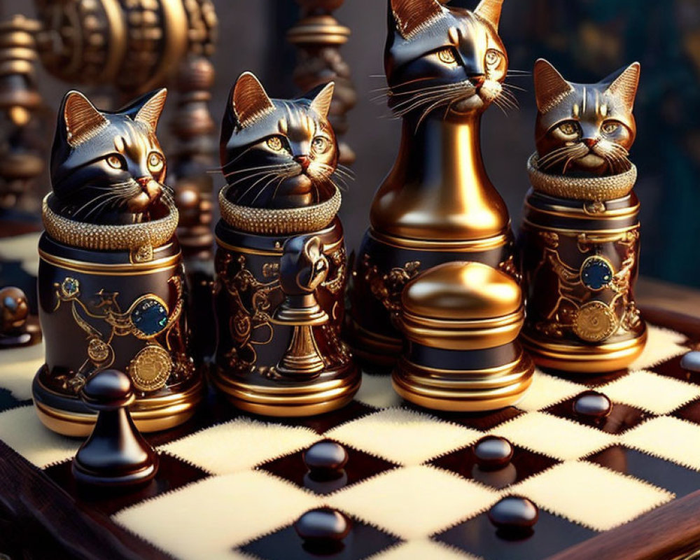 Luxurious Gold and Black Cat Chess Set with Ornate Designs