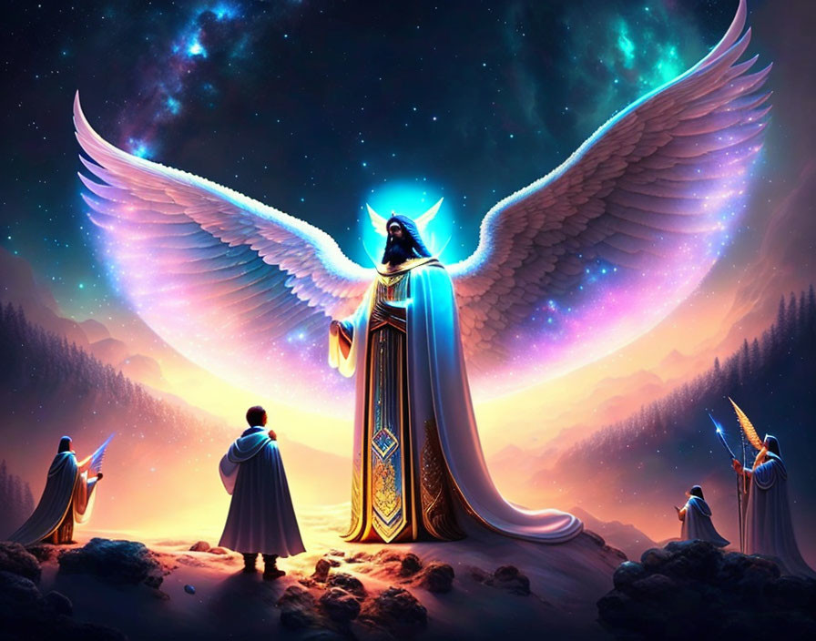 Majestic winged figure in ornate robes captivates awe-struck audience under starry