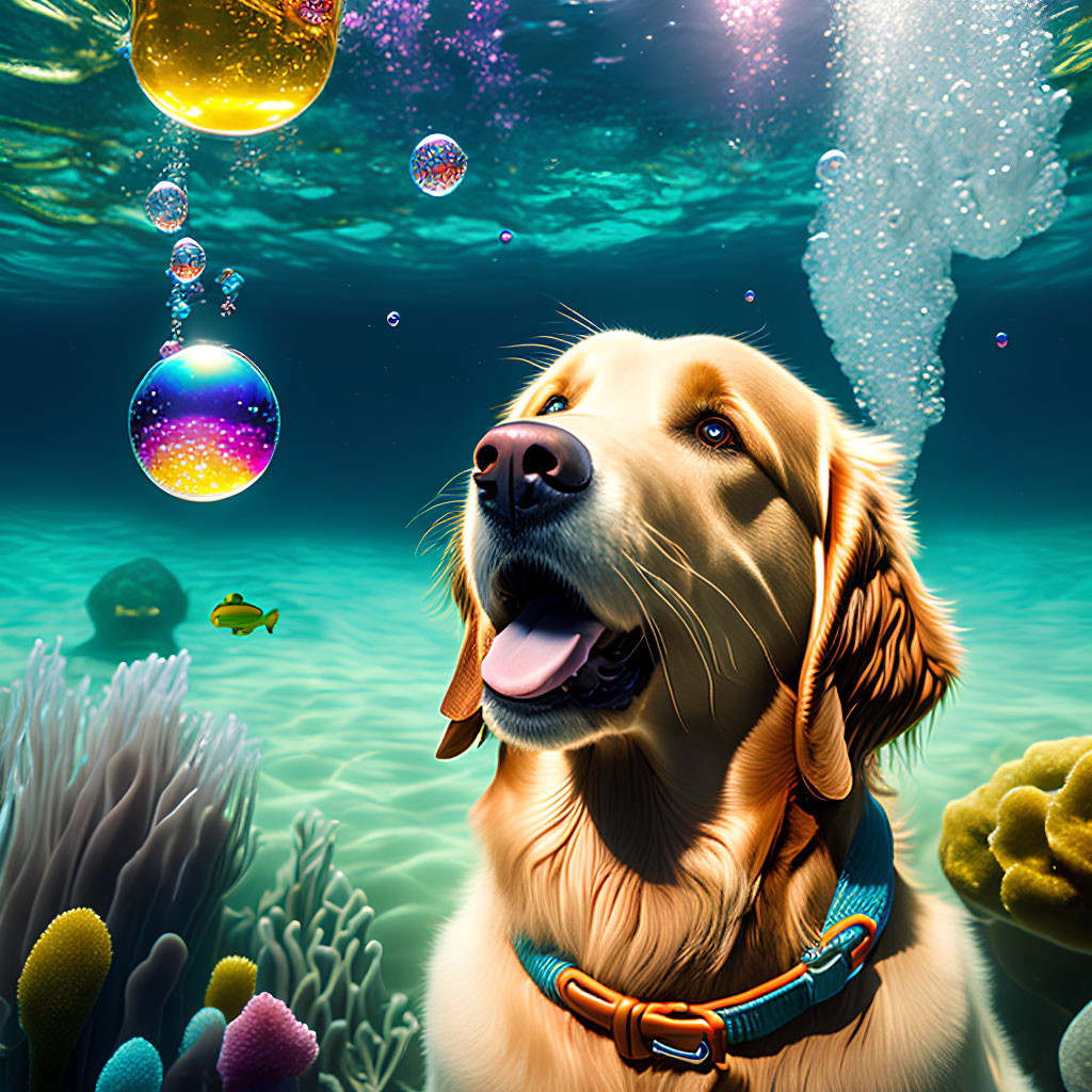 Golden retriever admires colorful underwater bubbles with coral and fish in sunlight.