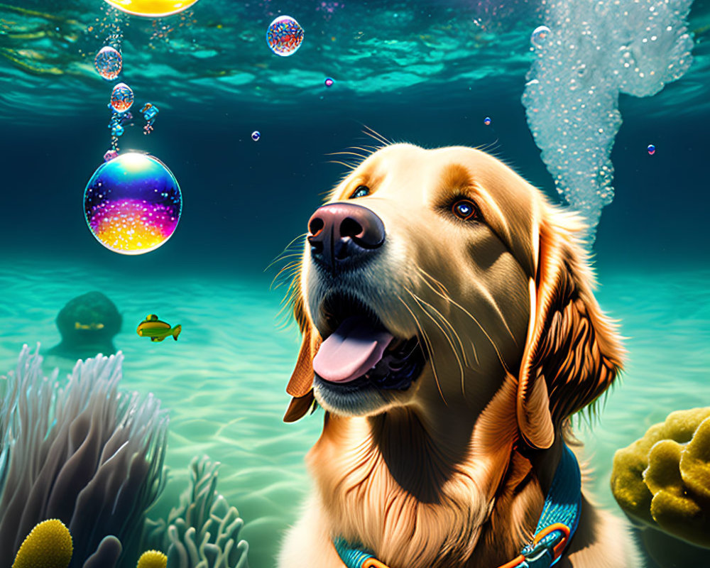 Golden retriever admires colorful underwater bubbles with coral and fish in sunlight.