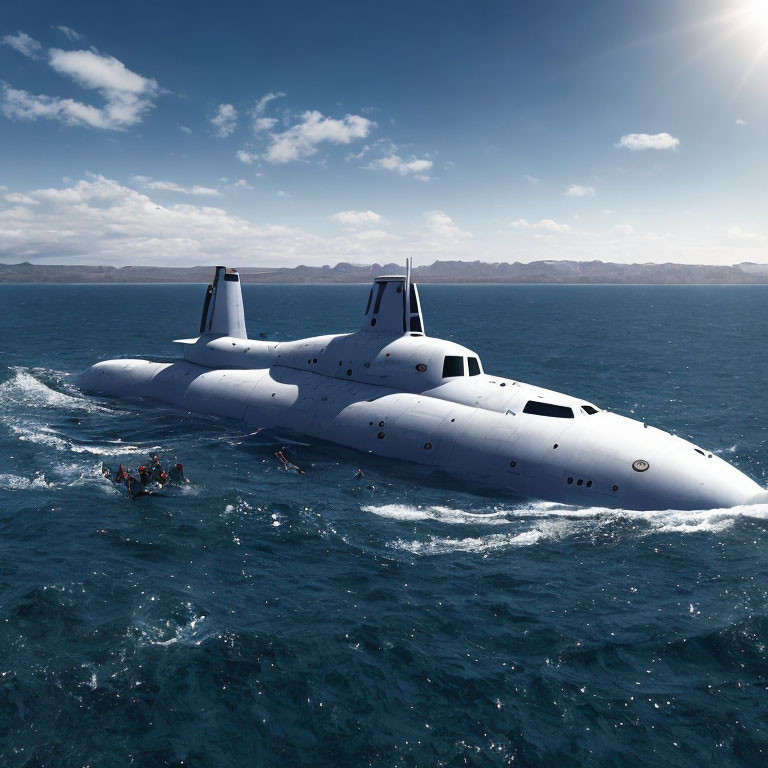 Futuristic submarine with twin hulls and small boat on ocean surface