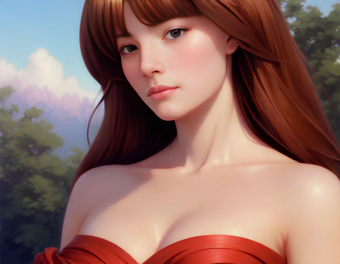Digital artwork: Woman with auburn hair in red garment, nature background.