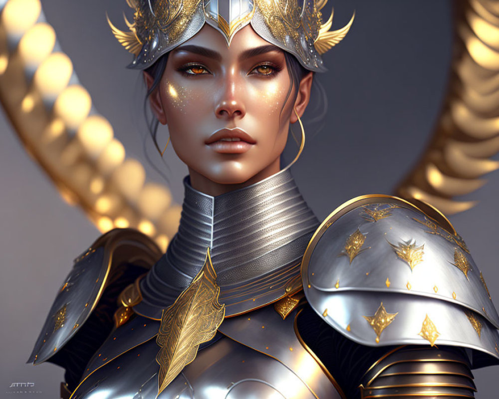 Female warrior digital illustration with golden armor and winged helmet.