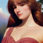Digital artwork: Woman with auburn hair in red garment, nature background.