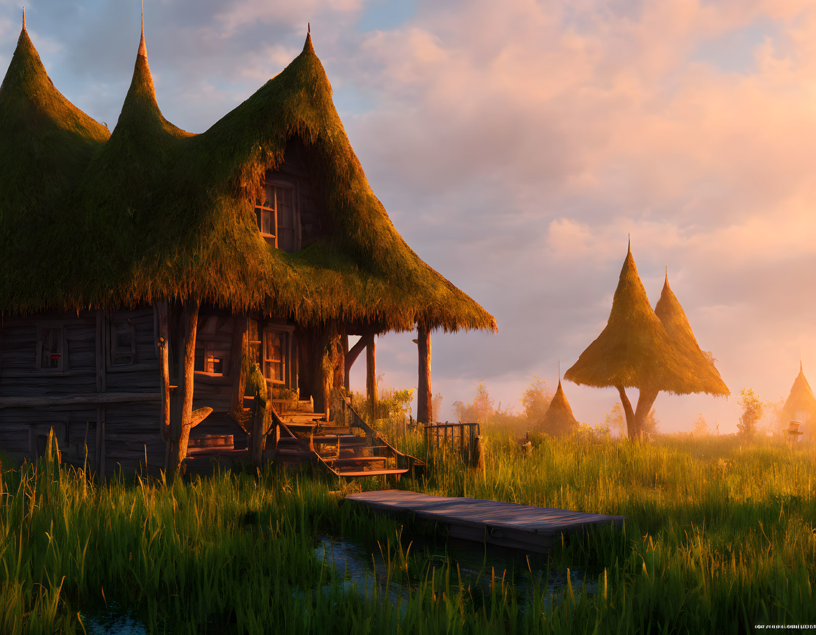 Rustic Thatched-Roof Cottage in Tall Grass at Sunset