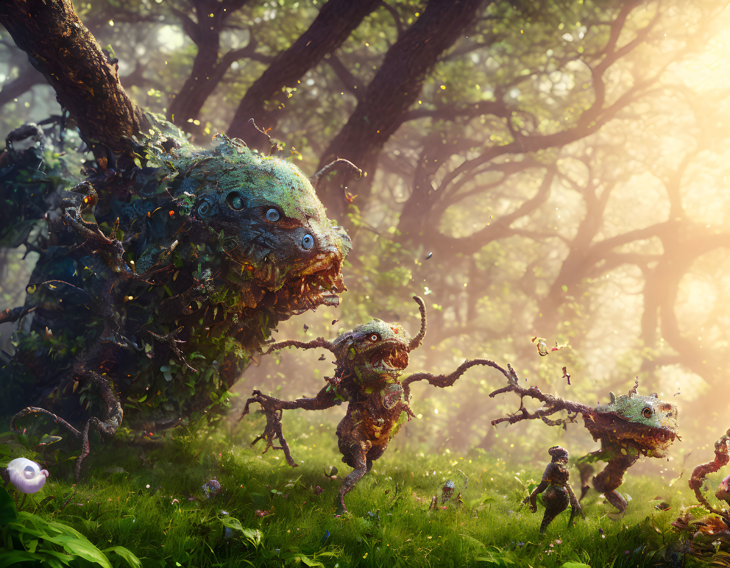 Fantastical forest scene with whimsical tree creatures frolicking under sunlight