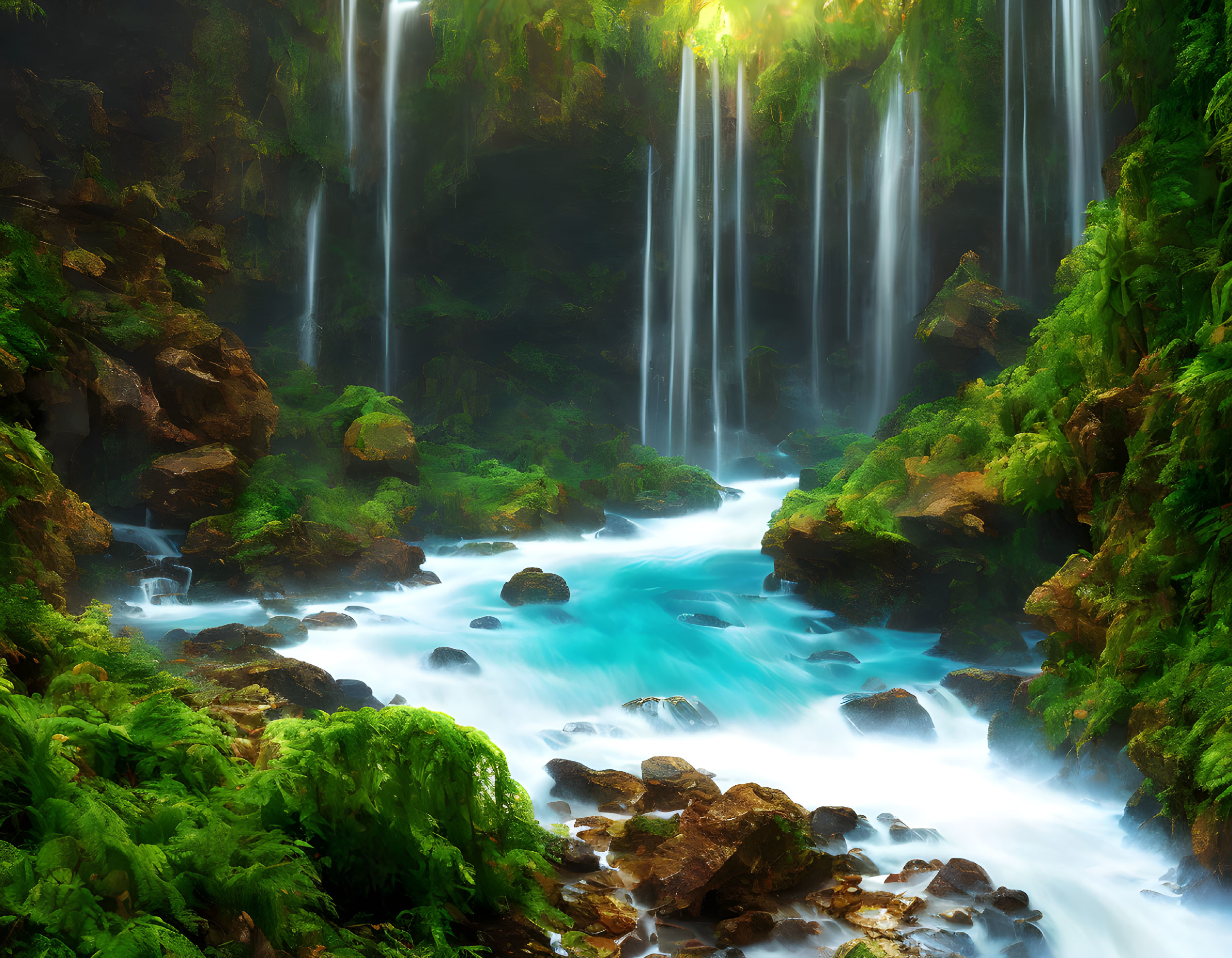 Tranquil Waterfall in Lush Greenery and Turquoise Water