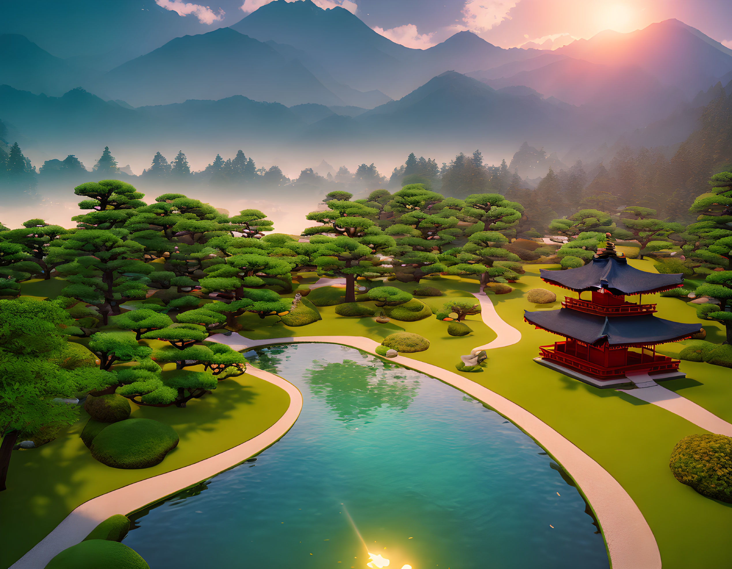Tranquil Japanese garden with pond, bonsai trees, misty mountains, and red pagoda