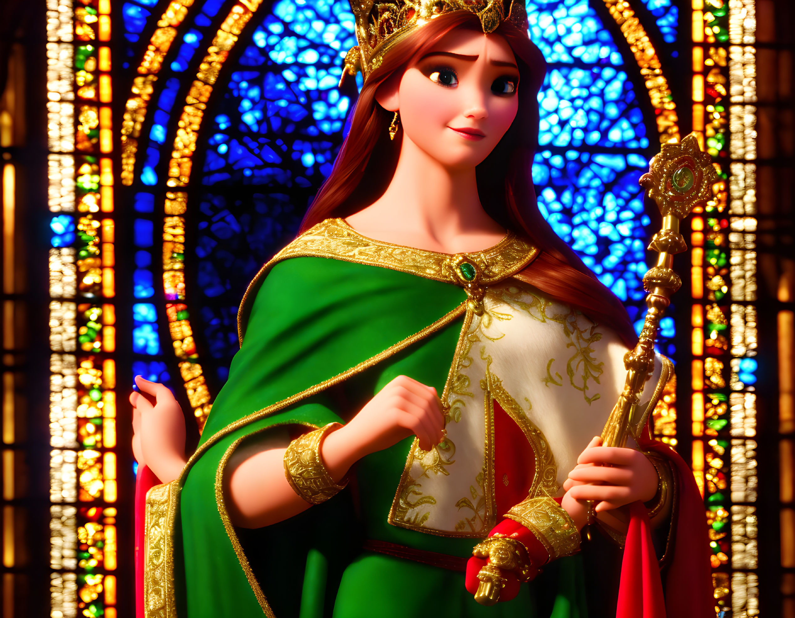 Animated queen with scepter in front of stained glass window wearing crown, cloak, and gown.