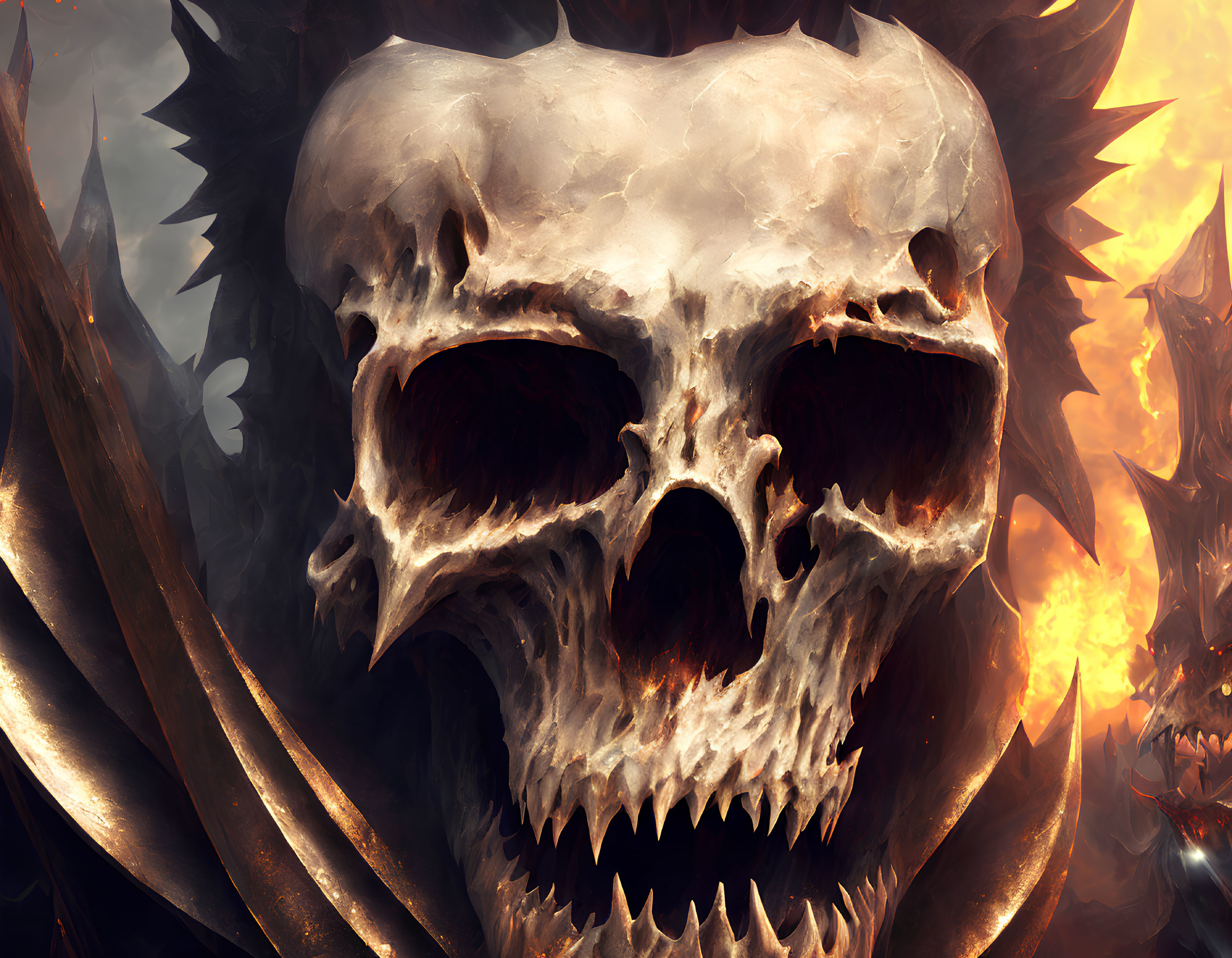 Menacing skull with sharp teeth on fiery background and monstrous silhouettes.