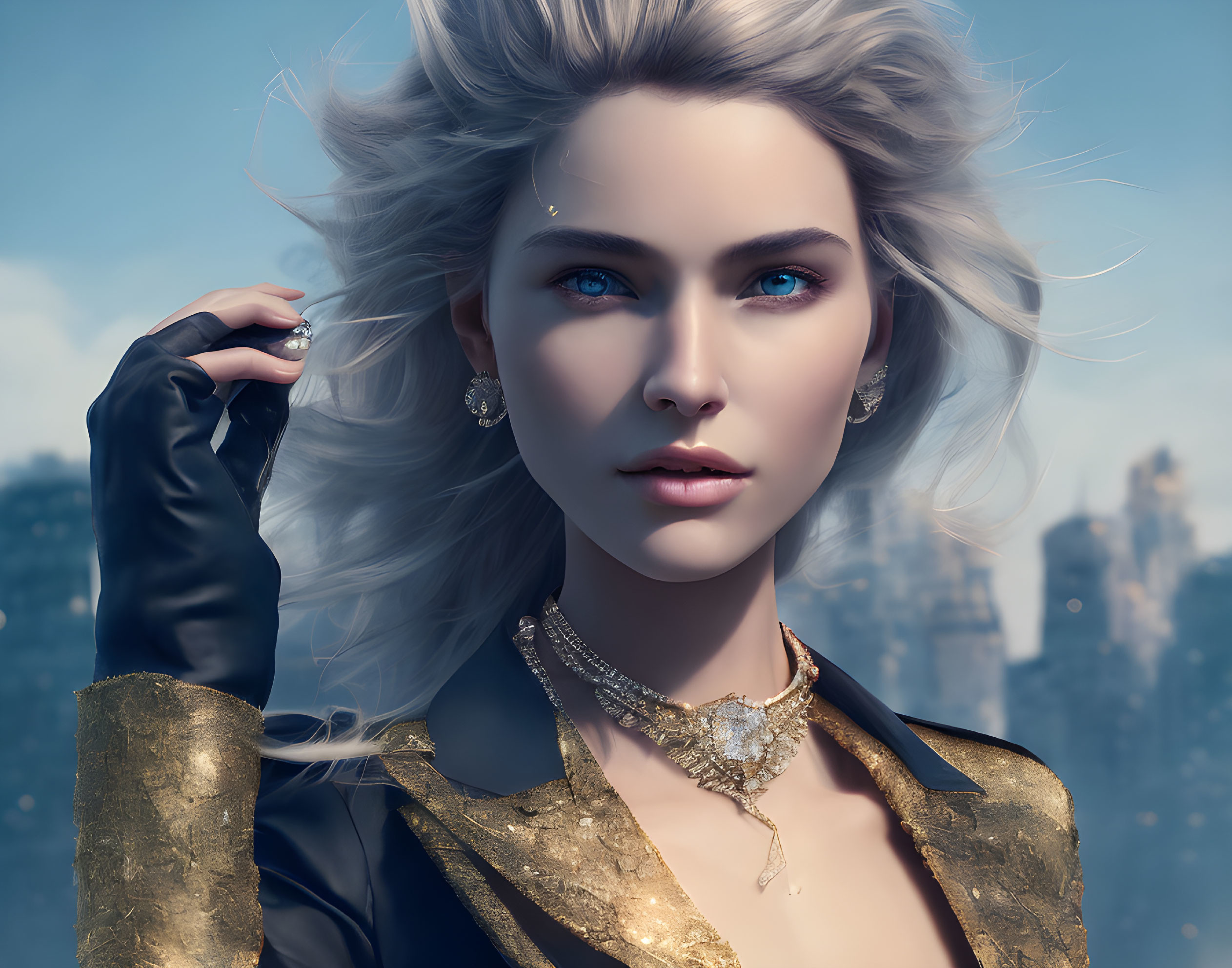 Portrait of woman with blue eyes, blond hair, black and gold jacket, cityscape background