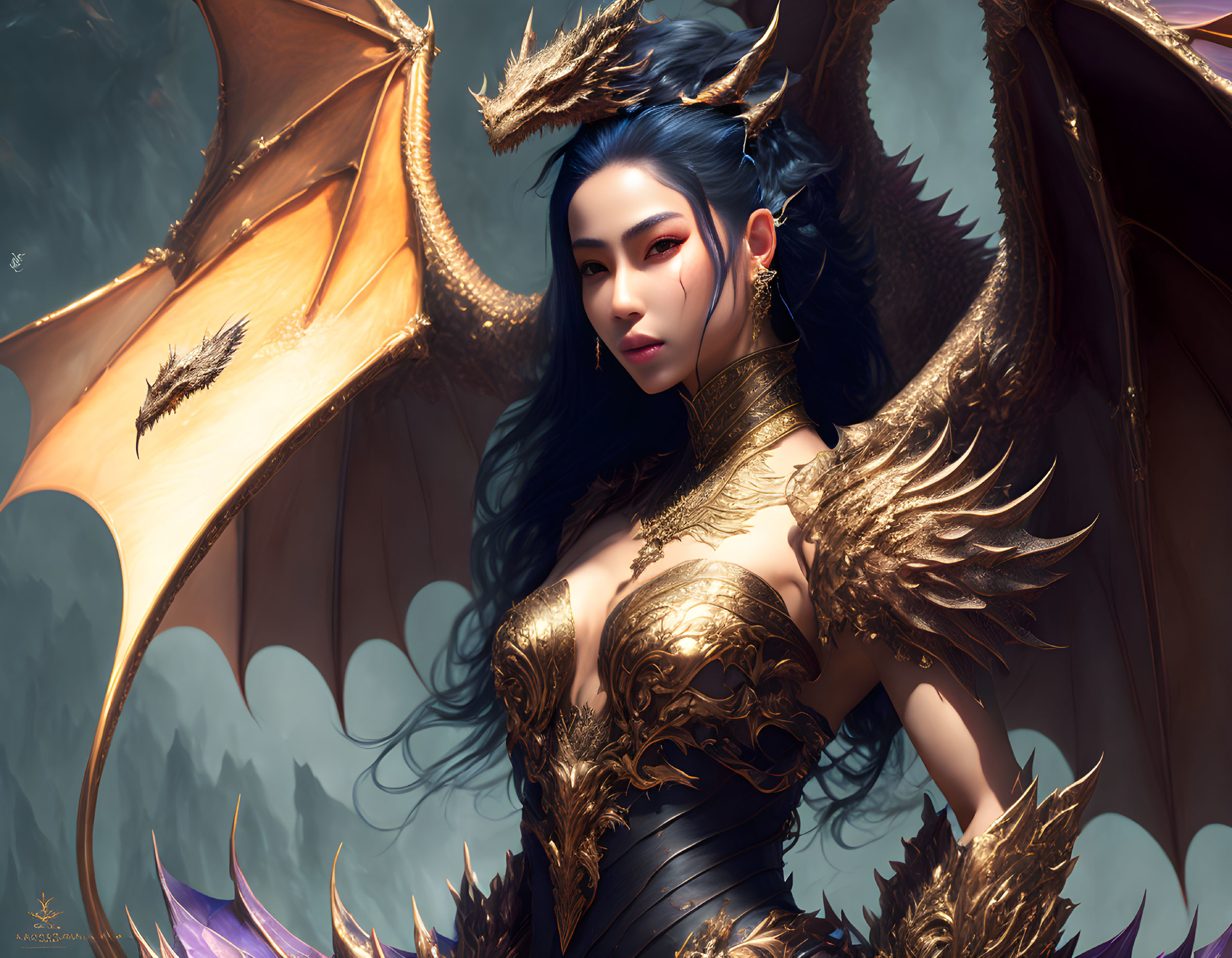 Fantasy illustration of a woman in dragon armor with golden accents, wings, and horned crown against