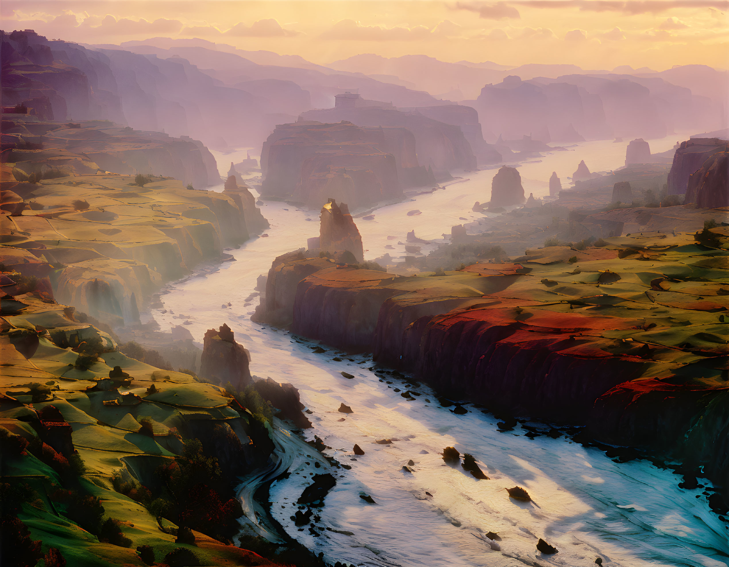 Majestic sunset view over canyon with river and cliffs
