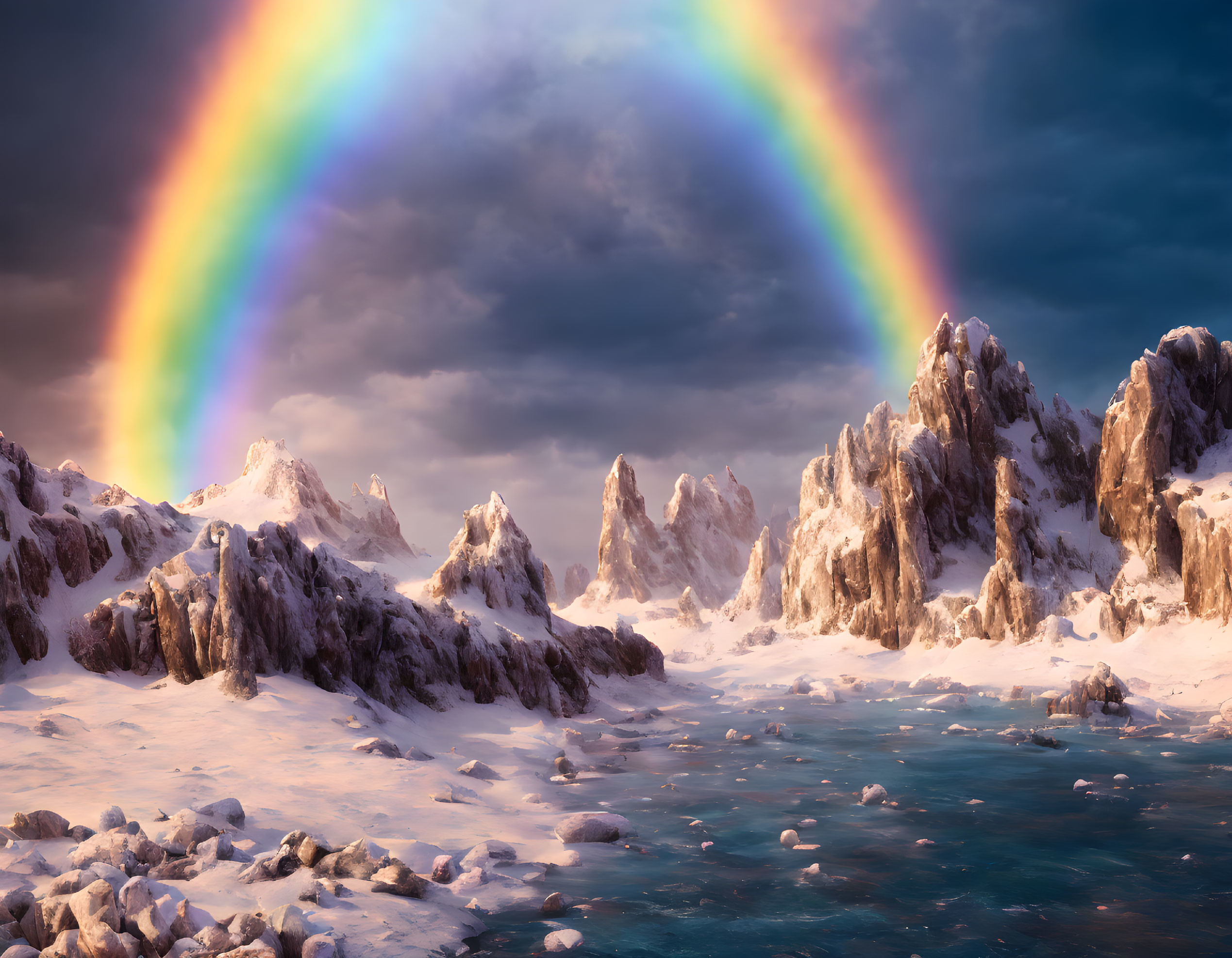 Colorful rainbow over snowy peaks and icy waterway landscape.