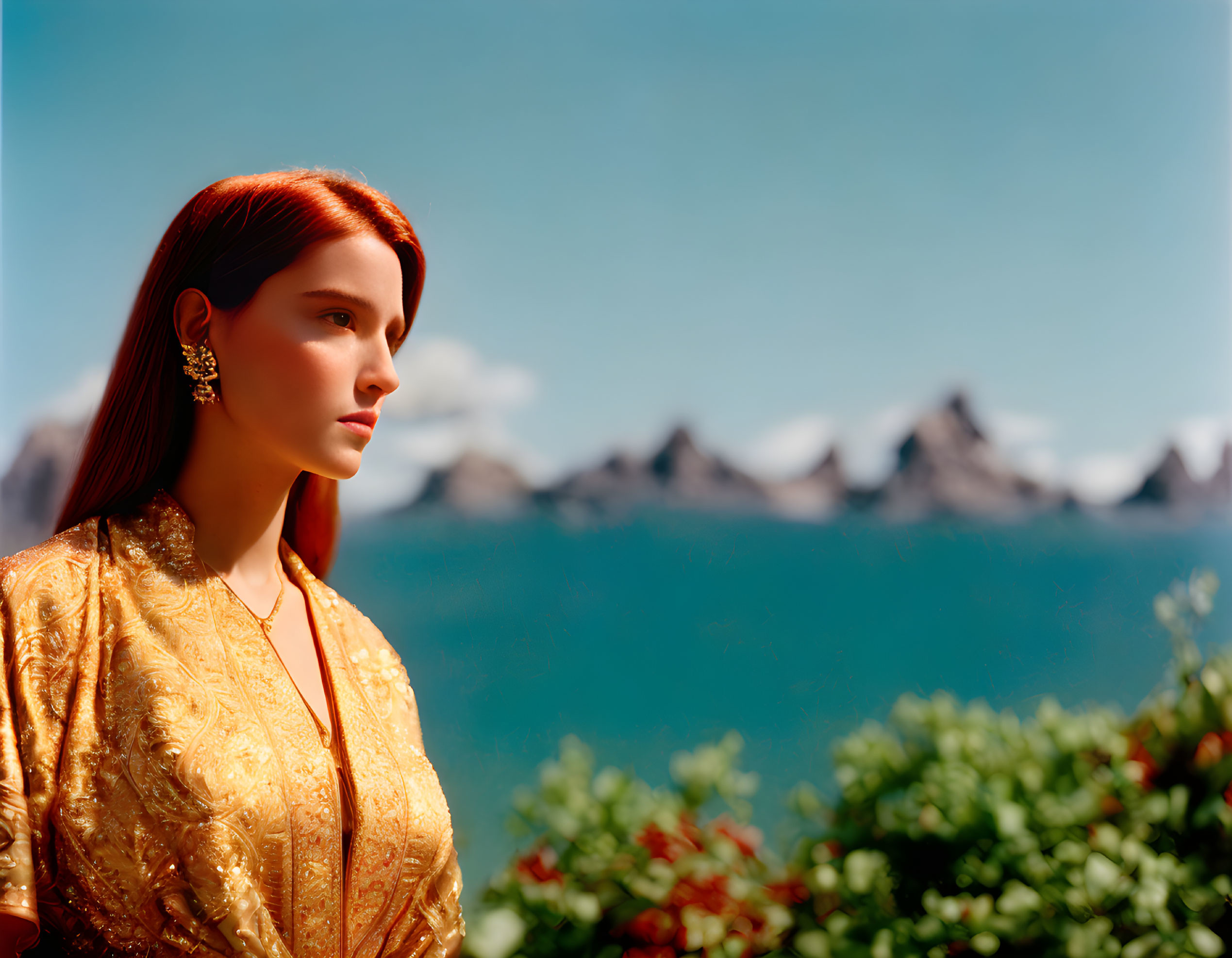 Red-Haired Woman in Golden Dress by Lake and Mountains