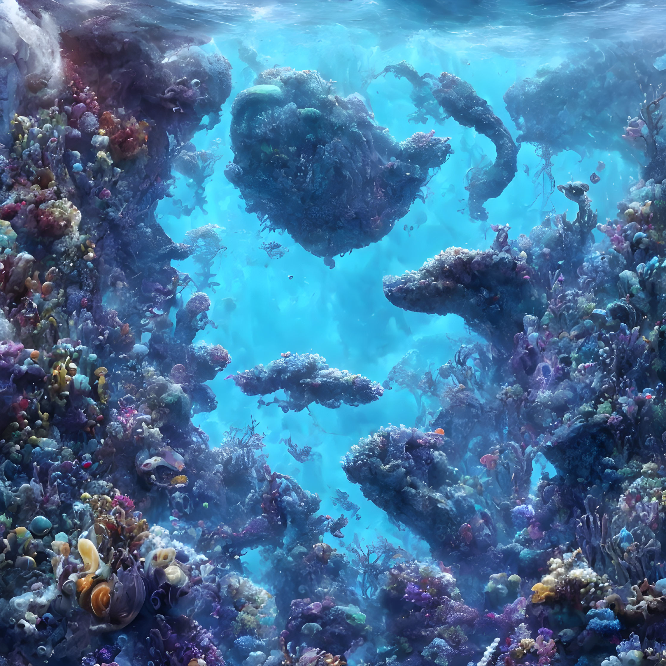 Colorful Coral Formations and Marine Life in Ethereal Underwater Scene
