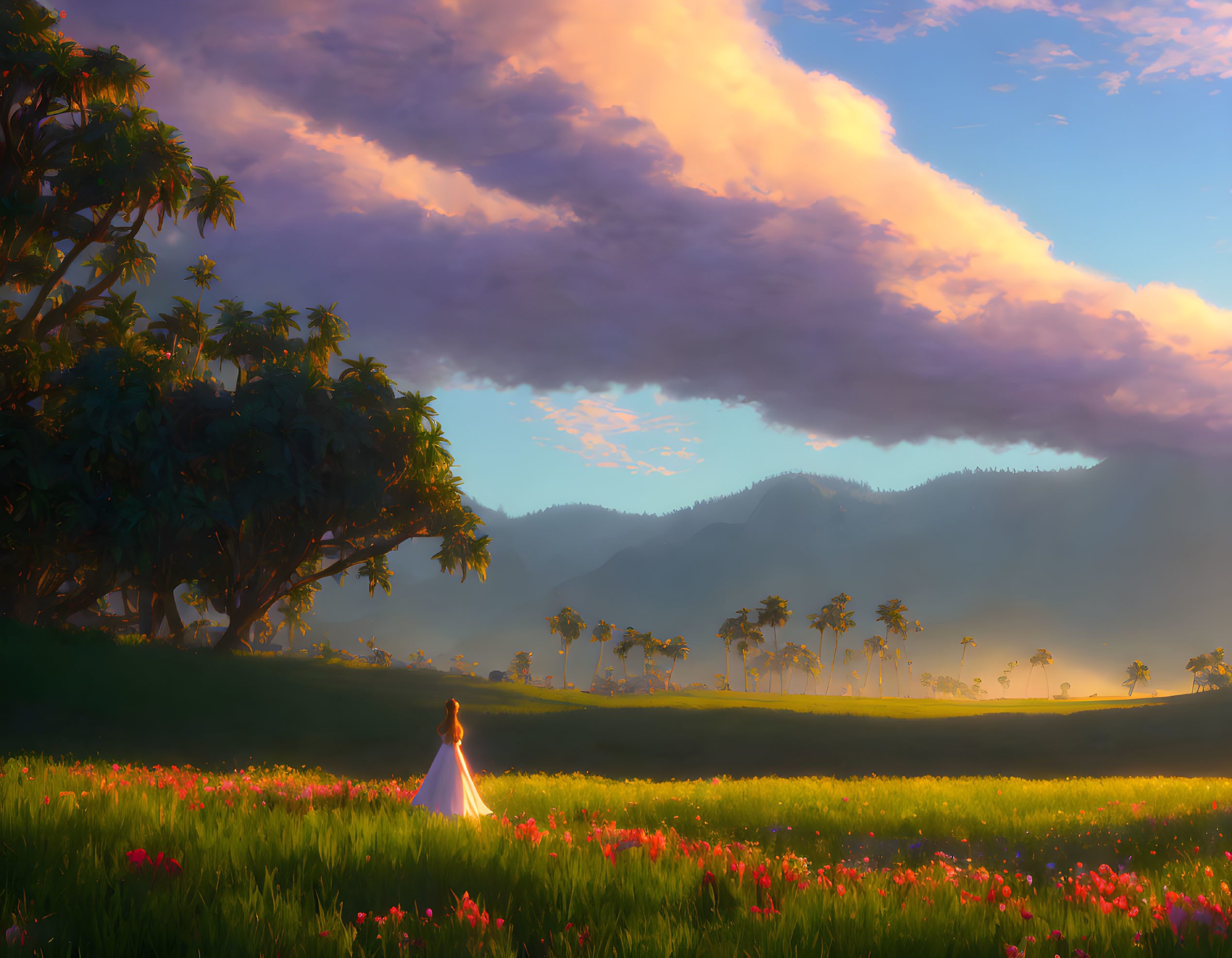 Woman in white dress in vibrant meadow at sunset with lush trees and mountains.