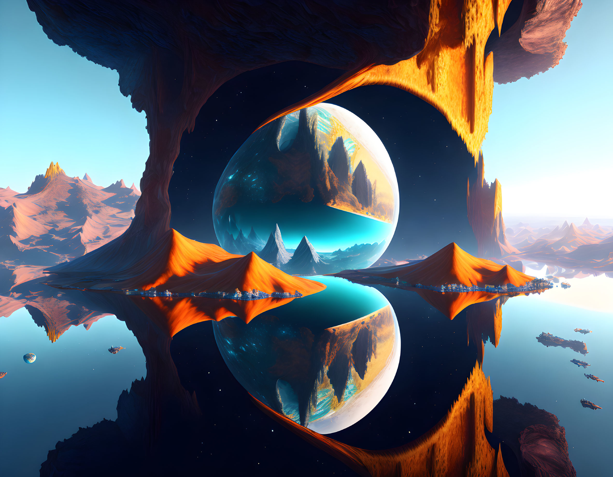 Colorful alien landscape with portal and celestial bodies above orange terrain